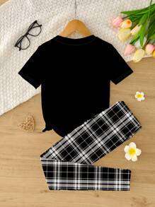 SHEIN Leap Crew Tween Girl 休闲熊和格子图案短袖上衣和紧身裤套装，贴身罗纹面料，适合春夏季 - 彩色 - 查看 2