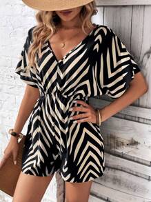 SHEIN LUNE V-Neck Cinched Waist Zebra Striped Ripple Jumpsuit