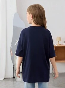 SHEIN Lockeres, lässiges T-Shirt mit Schleife und Rundhalsausschnitt für Tween-Mädchen - marineblau - Übersicht 2