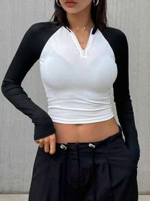 DAZY Women's Raglan Sleeve Color Block Half-Placket Long Sleeve T-Shirt,Fall Clothes - Black - View 4