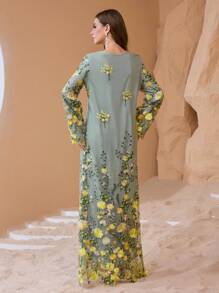 Al Najma Women's Round Neck Embroidered Romantic Modest Elegant Arabic Style Dress, Spring And Summer, Arabian Dresses - Multicolor - View 2