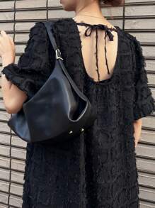 FRIFUL Đầm dài màu đen dáng rộng dành cho nữ, hở lưng, buộc dây, tay phồng, thanh lịch, thích hợp cho kỳ nghỉ hè, đầm maxi. - màu đen - Xem 3