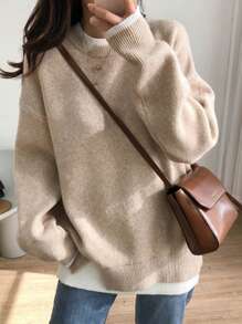 SHEIN EZwear Women's Solid Color Patchwork Long Sleeve Pullover Sweater, Simple & Casual 2 In 1 - Khaki - View 3