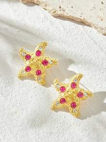 SHEIN BAE Exaggerated Metal Starfish Decorated Rhinestone Simple & Casual Earrings - Hot Pink - View 5