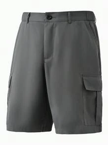 Manfinity Homme 男士纯色前扣口袋简约休闲短裤，适合日常穿着 - 深灰色 - 查看 3