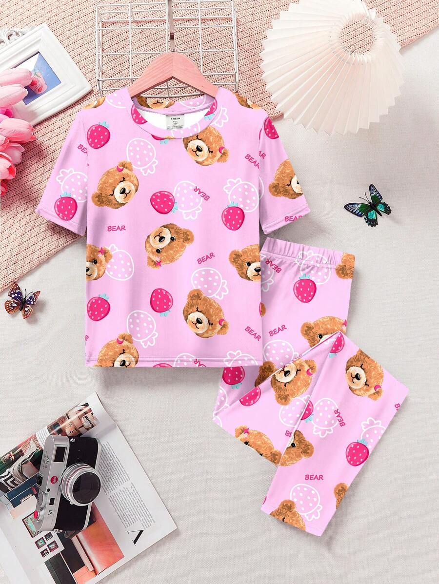 Valentine's Day Tween Girls' Cute Bear & Strawberry Print Casual Minimalist Snug Fit Round Neck Short Sleeve Pajama Set, Suitable For Spring/Summer
