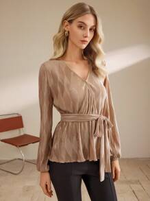 SHEIN Clasi Blusa informal de mujer de unicolor con cuello en V y manga larga