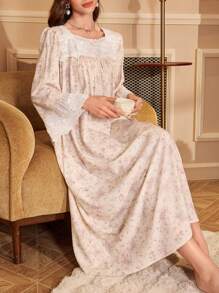 PalaceNights Vintage Ditsy Floral Loose Long Sleeve Lace Patchwork Maxi Nightgown Babydoll Luxe Loungewear, Vacation