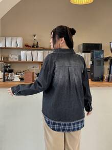 SHEIN EZwear 大码女式落肩长袖单排扣休闲牛仔夹克 - 黑色 - 查看 4