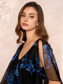 SHEIN Clasi 蓝色花卉印花露肩短袖修身女式T恤女士夏季服装情人节服装度假服装女士夏装女士露肩上衣花朵上衣露肩上衣雪纺上衣 - 藍色和黑色 - 查看 7