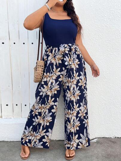 SHEIN LUNE Mono con estampado floral talla grande, conjunto de primavera para mujer, conjunto de verano para mujer, ropa de verano, atuendo de Pascua para mujer, vestimenta occidental para mujer