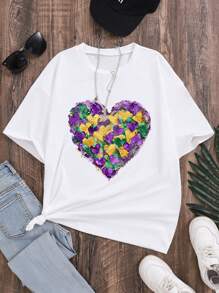 Tween Girl Heart Print Crew Neck Short Sleeve T-Shirt, Suitable For Carnival