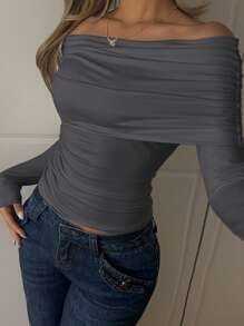CovetEZ Women's Casual Minimalist Gray Off Shoulder Ruched Slim Fit T-Shirt - Grey - View 6