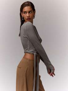 MUSERA V Neck Wrap Tie Top Casual Summer Spring Vacation Airport Holiday Back To School Fall Autumn - Dark Grey - View 3