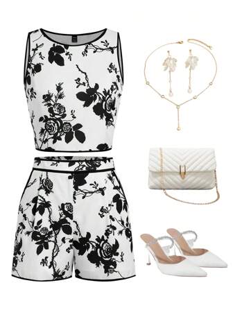 Ellevyn Women Elegant Black & White Floral Print Contrast Trim Camisole With Pocket Shorts 2Pcs Set