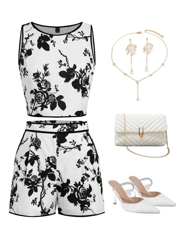 Ellevyn Conjunto de 2 piezas para mujer compuesto por un camisol de flores blanco y negro con ribete contrastante y shorts con bolsillo