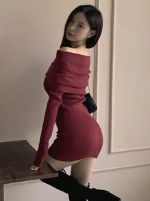 DAZY Women's Bodycon Off Shoulder Sweater Dress With Oversized Collar,Fall Women Clothes Red Women Dresses - Burgundy - View 6