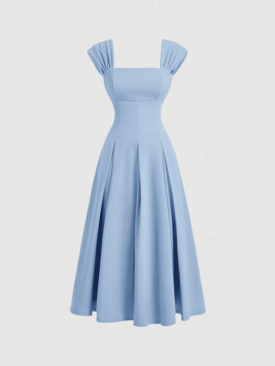 SHEIN MOD 贝壳袖褶皱伞形长裙、礼服、秋季女装、巡航女装、90 年代服装、衣服、伴娘服、晚宴服装、返校节礼服、仙女核心、老钱、文艺复兴 - 藍色 - 查看 1