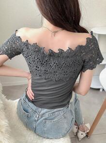 FRIFUL Áo thun nữ hở vai màu xám bó sát, mùa hè, áo trễ vai - Xám - Xem 5