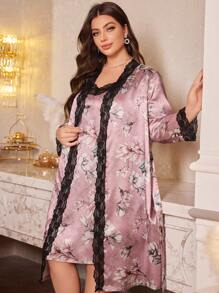 LuxeNights Floral Print Plus Size Loungewear Set Including Robe And Pajama