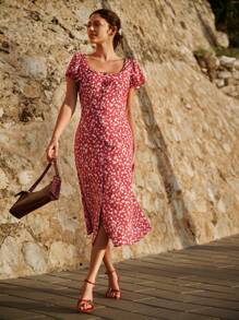 SHEIN Frenchy Women's Holiday Floral Print Short Sleeve Mid-Calf Dress,Spring/Summer, Suitable For Daily Wear, Romantic And Elegant Valentine's Day, Ruffle Sleeves, Slit Dress,Red Print