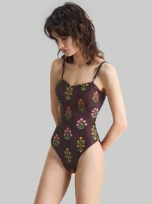 Ontre 女士花卉复古印花细肩带休闲连体泳衣，简约合身