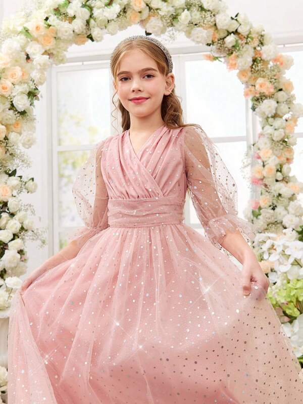 Rochie elegantă pentru fete Fern Glow Tween, din plasă, cu mânecă scurtă, cu paiete roz, vară