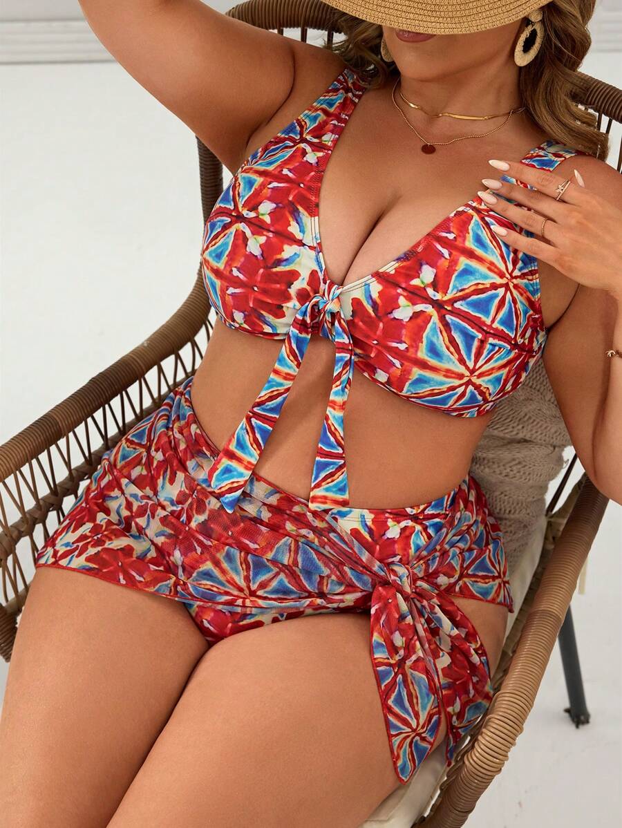 SHEIN Swim Curve Bộ đồ bơi 2 mảnh in họa tiết cỡ lớn dành cho nữ, kết hợp với chân váy lưới mini, bộ đồ bơi đi nghỉ dưỡng, cho kỳ nghỉ hè ở bãi biển - Nhiều màu - Xem 1