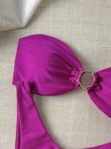 Swim Chiccia Conjunto de bikini con top tipo sostén de unicolor con adorno metálico y tiro alto sexy para mujer, ropa de playa de verano - Morado - Ver 3