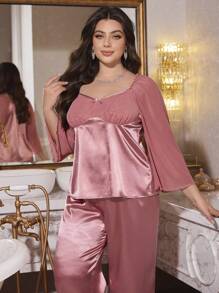 Palace Style Imitation Silk Long Sleeve Mesh Plus Size Pajama Set