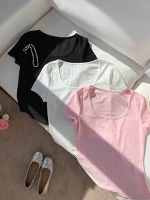 Comfortcana 女士春夏纯色短袖简约休闲可爱上衣，日常穿着 - 彩色 - 查看 6