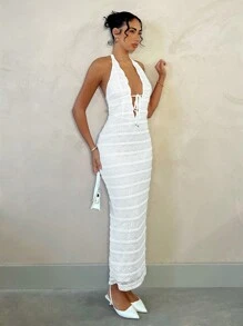 SHEIN BAE Đầm dài đi chơi ngày lễ thêu cổ yếm xuân hè cho nữ, trang phục sinh nhật cho nữ, trang phục mùa hè cho nữ, váy ngày lễ tình nhân - trắng - Xem 4