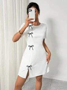 INAWLY فستان قصير أنثوي بياقة مستديرة وأكمام قصيرة، بتصميم بسيط مزين بفيونكة