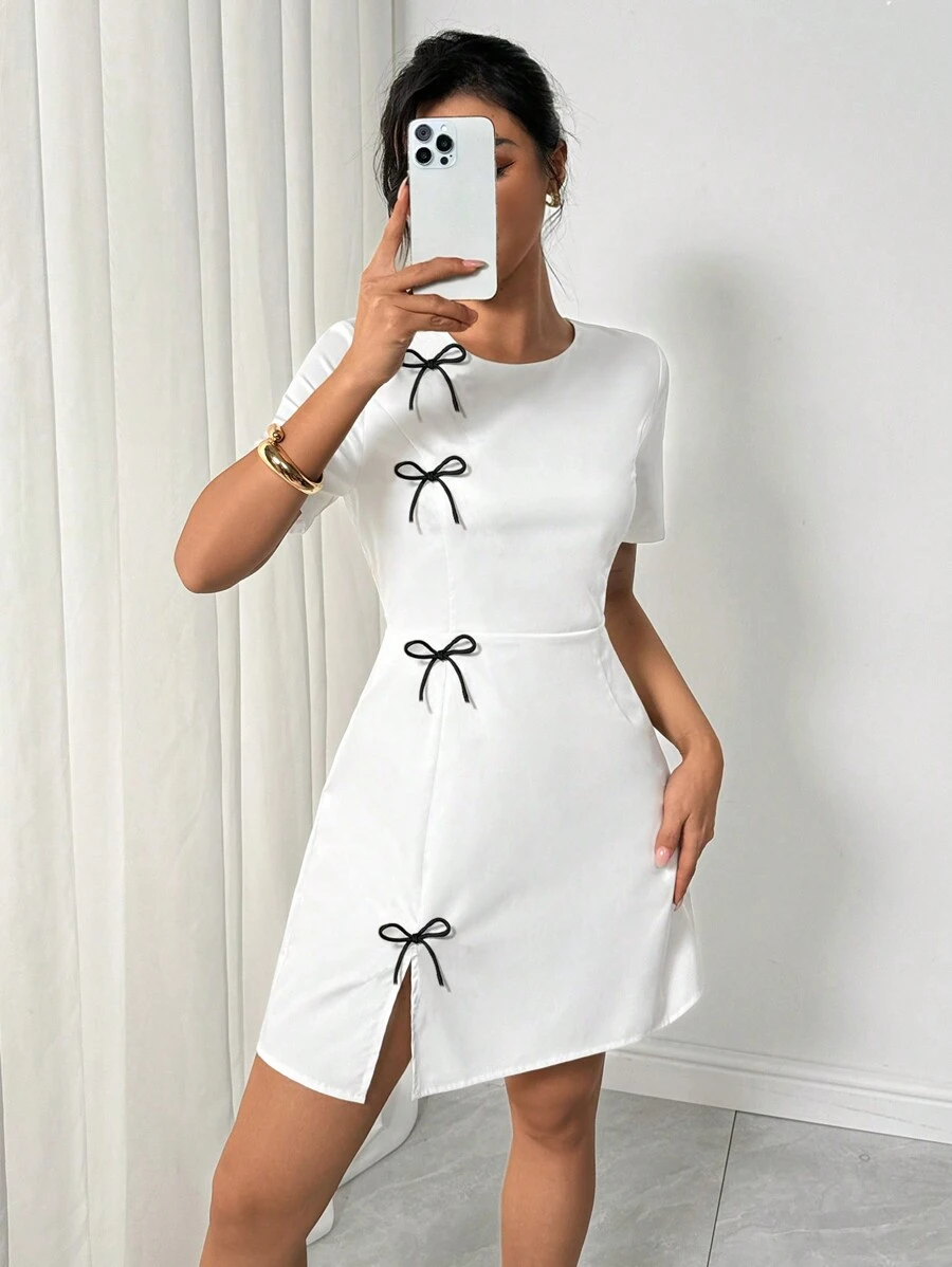 INAWLY فستان قصير أنثوي بياقة مستديرة وأكمام قصيرة، بتصميم بسيط مزين بفيونكة