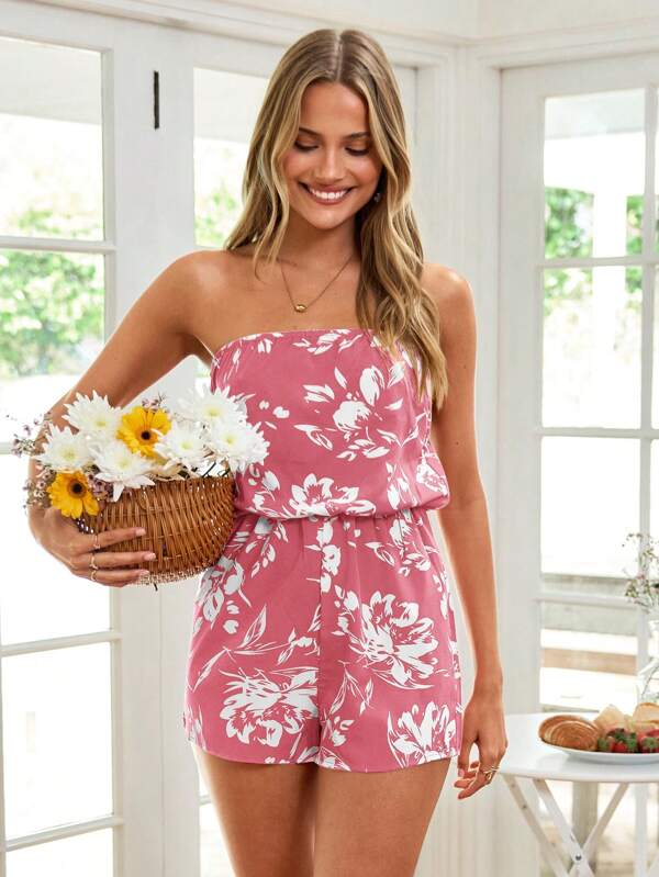 KARISMINA Floral Print Tube Women Romper,For Summer Vacation, Women Summer Clothing,Beach Vacation
