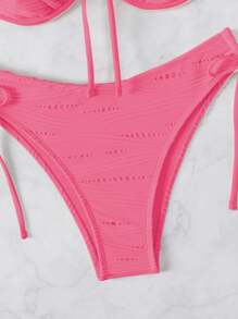 SHEIN Swim 2026 春夏紫红色特殊面料细肩带钢圈支撑蝴蝶结可爱甜美度假侧抽绳系带高腰下装女式两件套比基尼套装 - 玫紅色 - 查看 3