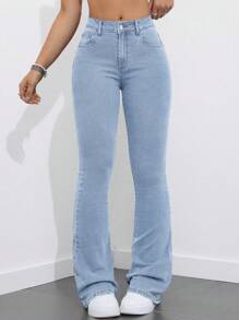 SHEIN 女式喇叭牛仔裤，带口袋，保暖内衬休闲裤 - 淺色水洗藍 - 查看 6