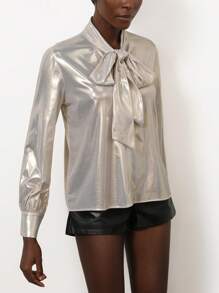 SHEIN Privé 金属光泽缎面正面系带蝴蝶结长袖衬衫 - 金色 - 查看 4
