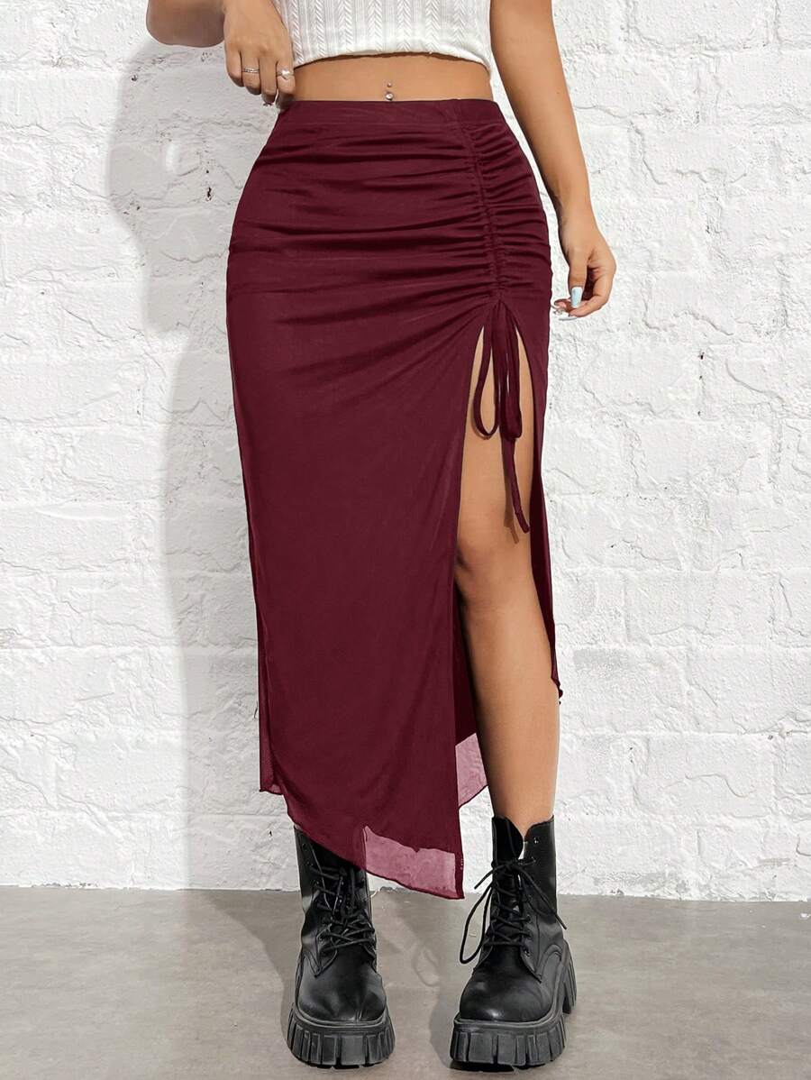 SHEIN EZwear 酒红色针织女式紧身裙 - 酒紅色 - 查看 1