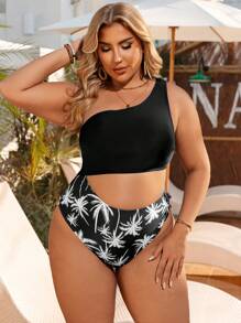 SHEIN Swim Curve 大码女式椰子树印花镂空性感比基尼泳装 - 彩色 - 查看 3