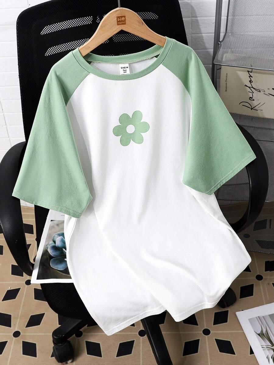SHEIN Leap Crew Teen Girl Gray Green White,Flower Print,Round Neck Contrast Color Raglan Sleeves, Casual T-Shirt,Oversize - Mint Green - View 1