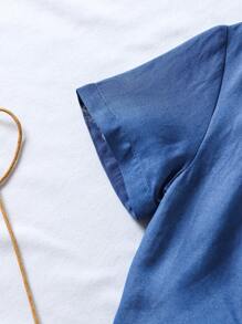 SHEIN 年轻女孩 2 件套春夏 Wildeya 新款，西式复古印花吊带连衣裙，前系带短款蓝色衬衫夹克，时尚休闲，适合户外活动和日常穿着 - 棕色 - 查看 9