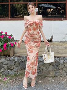 DAZY 1pc Women's Casual Midi Dress, Minimalist & Fashionable For Everyday Wear Summer Floral Cruise Women Outfits Sundress Off Shoulder Top