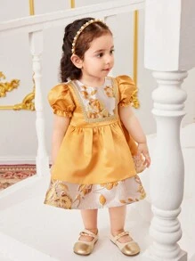 SHEIN Gaun Bayi Perempuan Cantik Musim Panas Bermotif Bunga yang Elegan - Kuning - View 3