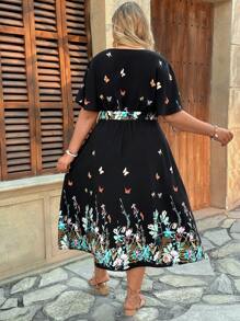 SHEIN VCAY Große Größen V-Ausschnitt Kurzarm Schleife Vorne Minimalistische Lässig Kleid