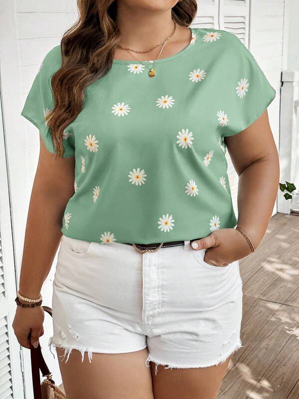 SHEIN LUNE Blusa casual de manga corta con cuello redondo y estampado floral todo sobre talla grande para uso diario, esencial para exteriores en el Día de San Patricio