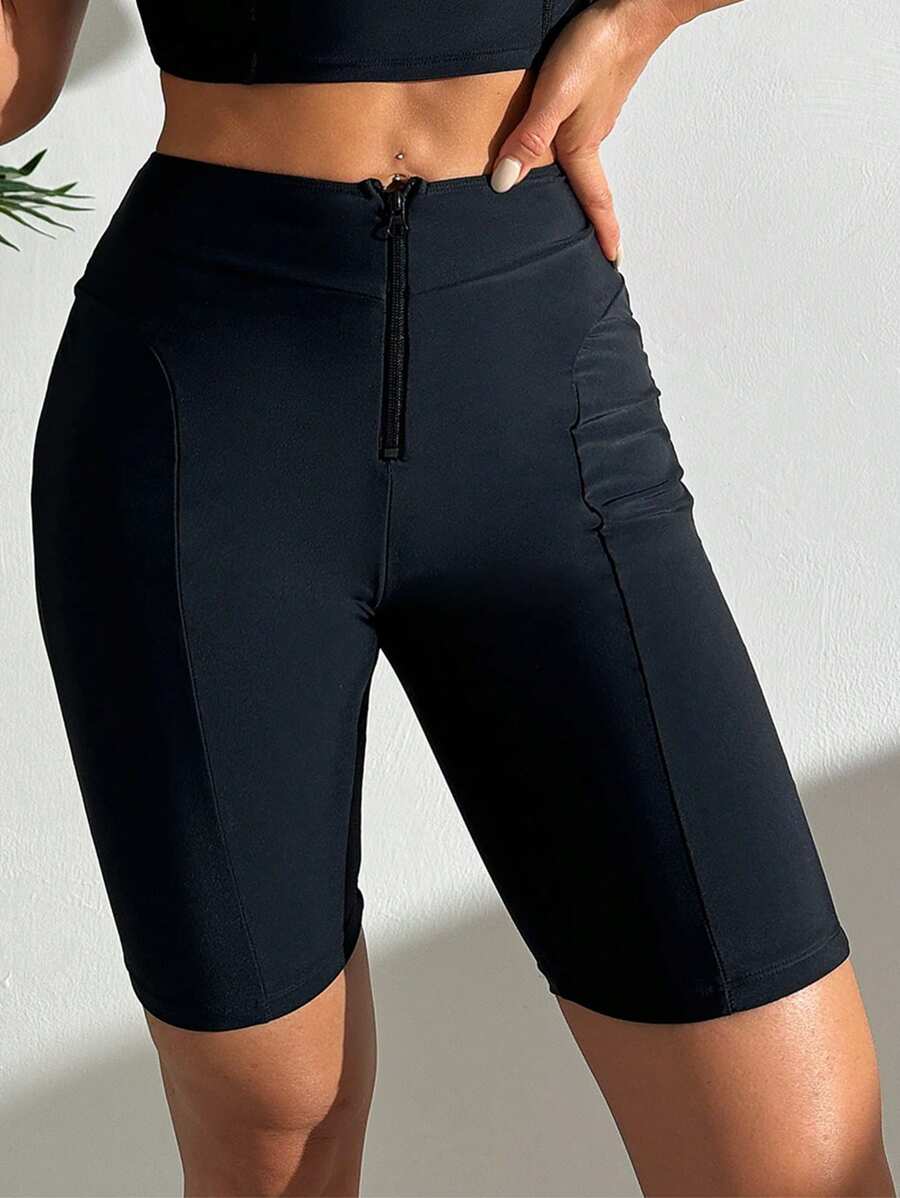 SHEIN Swim Springbreak Solid Color Women Front Zipper Sports Swim Bottom, Festival Boho, For Summer Beach Vacation - Black - View 1