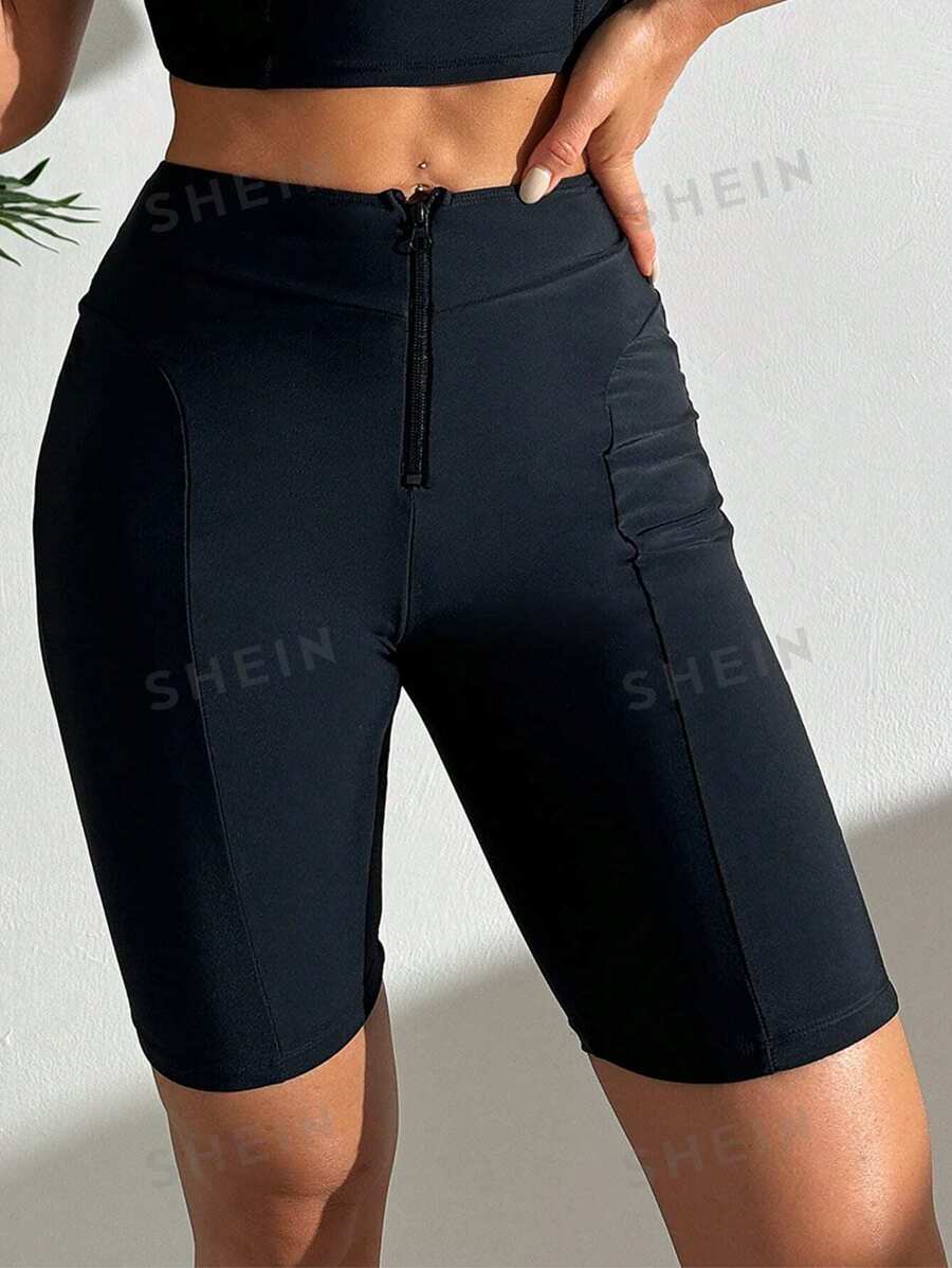 SHEIN Swim Bottom de traje de baño deportivo con cierre delantero de unicolor para mujer, estilo Festival Boho, para vacaciones de playa de verano