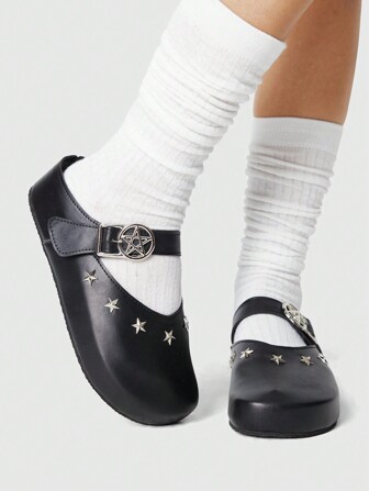 Goth Damen Dunkel Rock Punk Stil geschlossene Zehen Pantoletten mit Stern Schnalle, Hohldekoration, geeignet für Urlaub, Strand, römischer Stil Keil & Plateau Sandalen