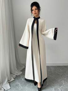 Elenzga 女士纯色撞色领长袖修身连衣裙 - 杏色 - 查看 5